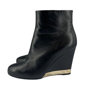 Chanel Black Lambskin Leather Wedge Ankle Boots Gold CC Trim
